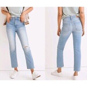 Madewell The Perfect Vintage Straight Jean Light Wash Distressed Raw Hem 28